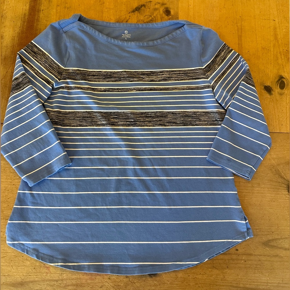 T by TALBOT’S 3/4 Sleeve Cotton Light Blue Stripe Sz L Multi Stripe T Shirt